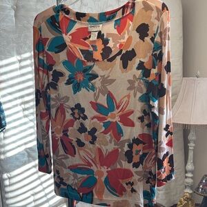 Chico's Vibrant Floral Long Sleeve Top - Red, Blue, Tan